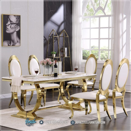 Harga Meja Makan Jepara, Meja Makan Marmer, meja makan mewah, Meja Makan Mewah 8 Kursi, Meja Makan Mewah Stainless, Meja Makan Minimalis, Meja Makan Minimalis Modern, Meja Makan Minimalis Stenlies, Meja Makan Stainless Steel Gold,Great Quality Gold Dining Room Table Set Meja Makan Stainless Gold Marmer Glamour Modern