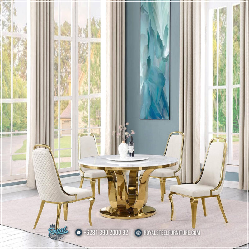 Harga Meja Makan Jepara, Meja Makan Marmer, meja makan mewah, Meja Makan Mewah 6 Kursi, Meja Makan Mewah Stainless, Meja Makan Minimalis, Meja Makan Minimalis Modern, Meja Makan Minimalis Stenlies, Meja Makan Stainless Steel,Luxury Meja Makan Mewah Marmer Bulat Kaki Stainless Gold