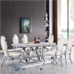 Harga Meja Makan Jepara, Meja Makan Marmer, meja makan mewah, Meja Makan Mewah 6 Kursi, Meja Makan Mewah Stainless, Meja Makan Minimalis, Meja Makan Minimalis Modern, Meja Makan Minimalis Stenlies, Meja Makan Stainless Steel,Meja Makan Mewah Jepara Kaki Stainless Upholstered Dining Set