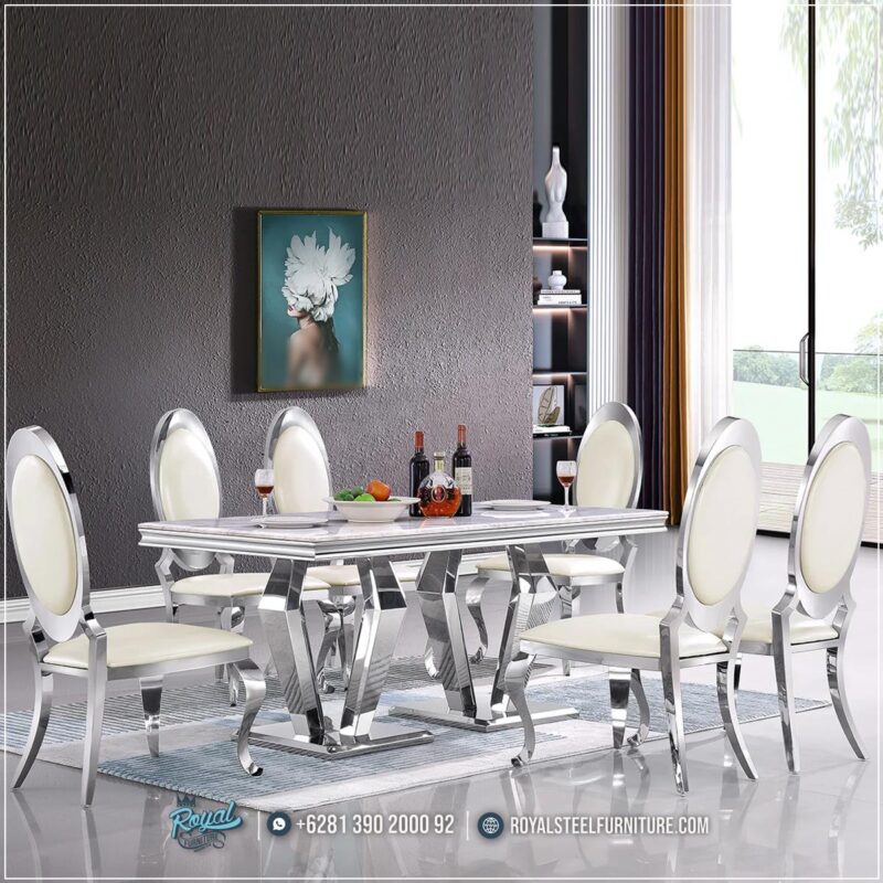 Harga Meja Makan Jepara, Meja Makan Marmer, meja makan mewah, Meja Makan Mewah 6 Kursi, Meja Makan Mewah Stainless, Meja Makan Minimalis, Meja Makan Minimalis Modern, Meja Makan Minimalis Stenlies, Meja Makan Stainless Steel,Meja Makan Mewah Jepara Kaki Stainless Upholstered Dining Set