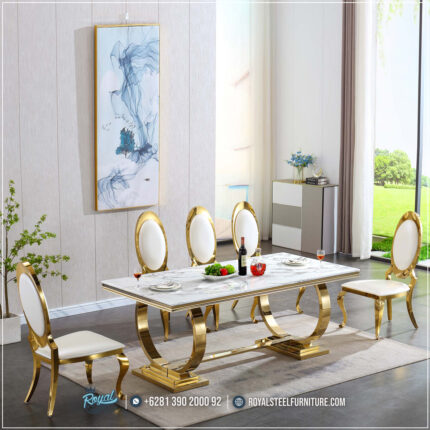 Set Meja Makan Stainless Gold Marmer Glamour Modern