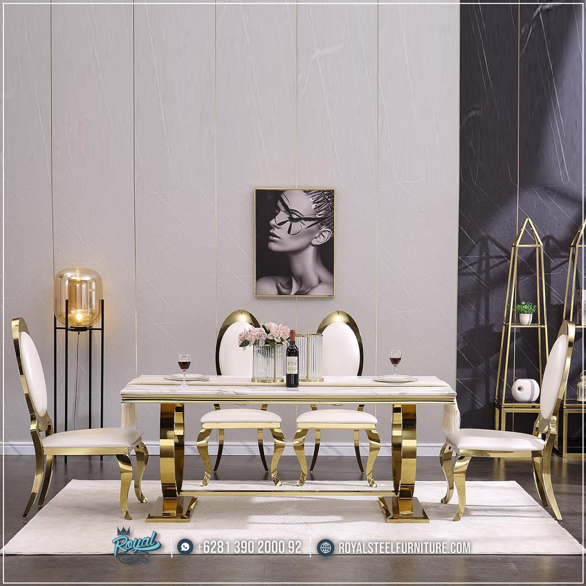 Harga Meja Makan Jepara, Meja Makan Marmer, meja makan mewah, Meja Makan Mewah 8 Kursi, Meja Makan Mewah Stainless, Meja Makan Minimalis, Meja Makan Minimalis Modern, Meja Makan Minimalis Stenlies, Meja Makan Stainless Steel Gold,Top Quality Gold Dining Room Table Set Meja Makan Stainless Gold Marmer Glamour Modern