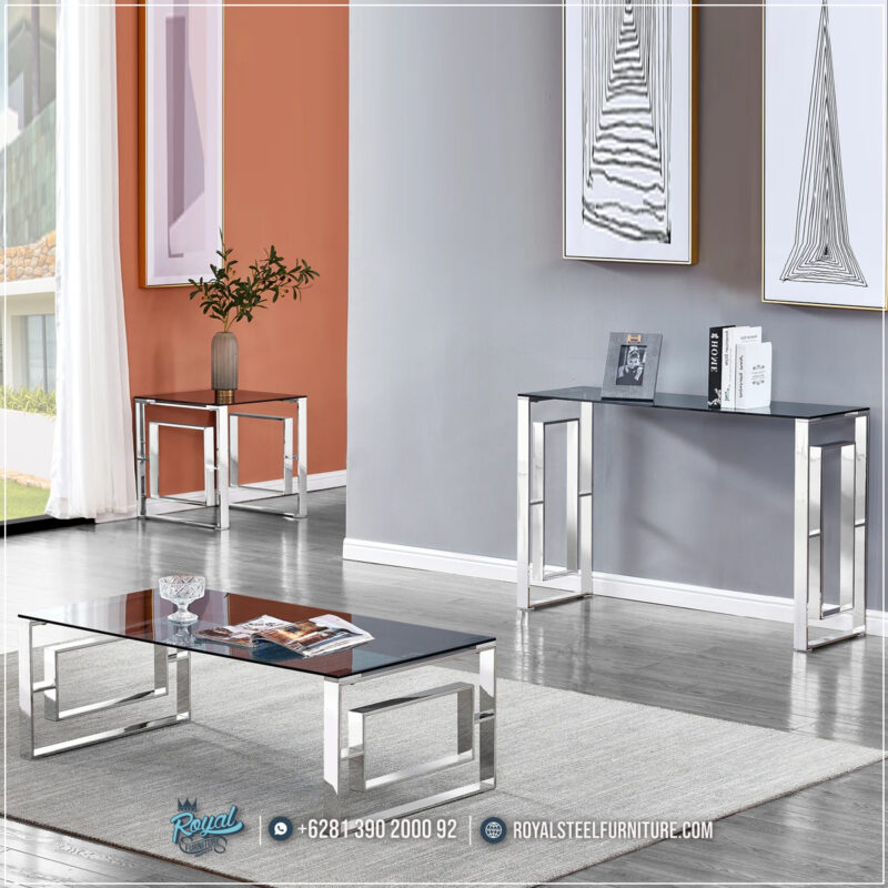 Meja Tamu, Meja Konsol, Jual Meja Konsul, Meja Sudut Ruangan, Meja Stainless, Meja Stenlis, Meja Minimalis Kaki Stainless, Meja Kaca Stainless,Meja Stainless Minimalis Top Glass Terbaru Silver Kolby