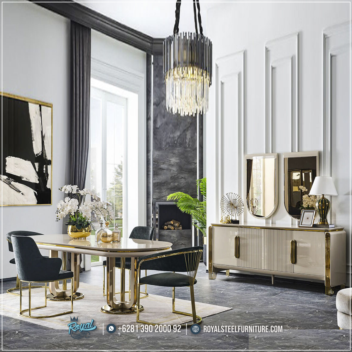 Kursi Meja Makan Minimalis Stainless Gold Jaguar Dining Set