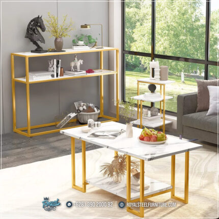 Furniture Set Meja Stainless Top Marmer Mewah Ruang Tamu Minimalis