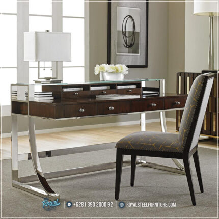 Gambar Meja Kantor, Info Meja Kantor, Kursi Meja Kantor Royal, Meja Direktur Mewah, Meja Kantor Mewah, Meja Kerja Direktur, Meja Kursi Kantor Royal, Set Ruang Kantor,Set Meja Direktur Kaki Stainless Minimalis Jati Natural Brown