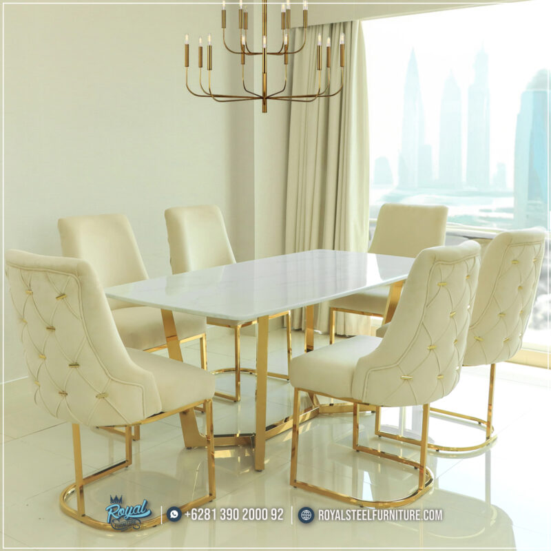 Harga Meja Makan Jepara, Meja Makan Marmer, meja makan mewah, Meja Makan Mewah 4 Kursi, Meja Makan Mewah 6 Kursi, Meja Makan Mewah Stainless, Meja Makan Minimalis, Meja Makan Minimalis Modern, Meja Makan Minimalis Stenlies, Meja Makan Stainless Gold, Meja Makan Stainless Silver, Meja Makan Stainless Steel,Set Meja Makan Marmer Putih Terbaru Kaki Stainless Kursi Bianca Cream