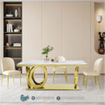 Meja Makan Stenlis Terbaru Gold Modern Top Marmer Mewah - Gambar 2