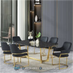 Set Meja Makan Minimalis Top Marmer Hitam Kaki Stainless