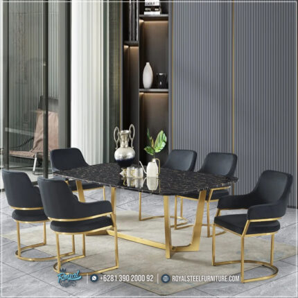 Set Meja Makan Minimalis Top Marmer Hitam Kaki Stainless