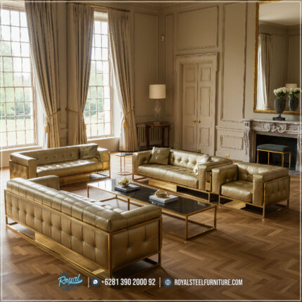 Sofa Stainless Gold, Sofa Ruang Tamu Mewah, Sofa Kulit Gold Elegan, Set Sofa Stainless Modern, Sofa Tamu Premium, Sofa Minimalis Mewah, Sofa Ruang Tamu Klasik Modern, Sofa Gold Untuk Rumah Mewah, Sofa Tamu Hotel Bintang 5,Sofa Gold Steel Mewah Elegansi Modern Bergaya Klasik