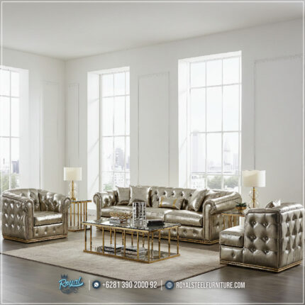 Sofa Stainless Silver, Sofa Ruang Tamu Mewah, Sofa Kulit Gold Elegan, Set Sofa Stainless Modern, Sofa Tamu Premium, Sofa Minimalis Mewah, Sofa Ruang Tamu Klasik Modern, Sofa Gold Untuk Rumah Mewah, Sofa Tamu Hotel Bintang 5,Sofa Mewah Silver Gold Stainless Statement Elegan untuk Ruang Tamu Berkelas