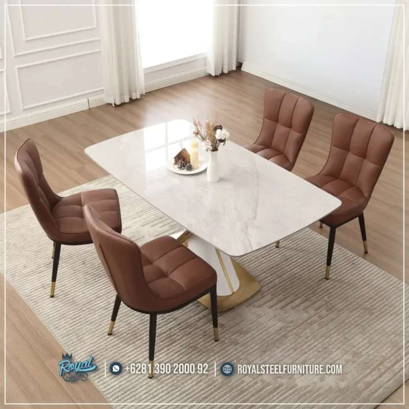 Desain Meja Makan Marmer Stainless Set Kursi Makan Faux Leather