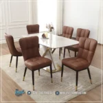 Meja Makan Marmer Stainless Set Kursi Makan Faux Leather