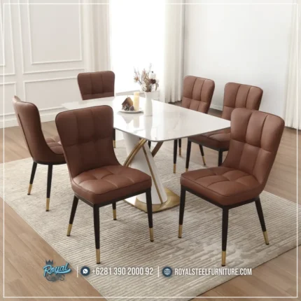 Meja Makan Marmer Stainless Set Kursi Makan Faux Leather