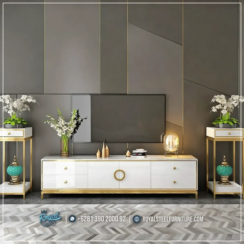 Media Console Bufet TV Kaki Stainless Gold Minimalis Modern, Bufet Tv Jati, Bufet tv Minimalis, Bufet tv Modern, Bufet Tv Stainless, Bufet Tv Terbaru, Meja Dresser Elegan, Meja Dresser Kaki Stainless, Meja Dresser Modern, Meja Dresser Stainless, Meja Dresser Terbaru