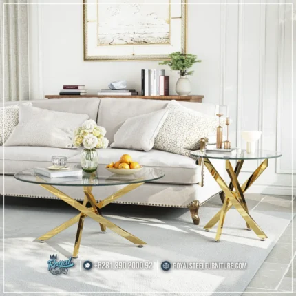 Model 1 Set Meja Tamu Bundar Top Kaca Kaki Stainless Ayala