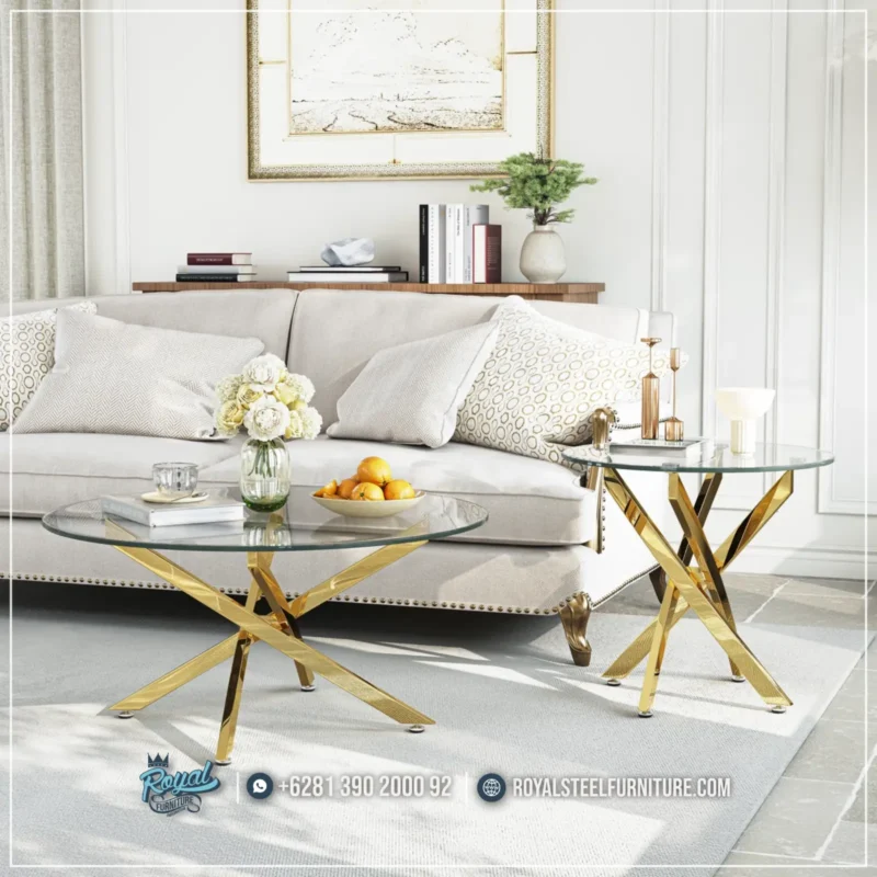 Model 1 Set Meja Tamu Bundar Top Kaca Kaki Stainless Ayala
