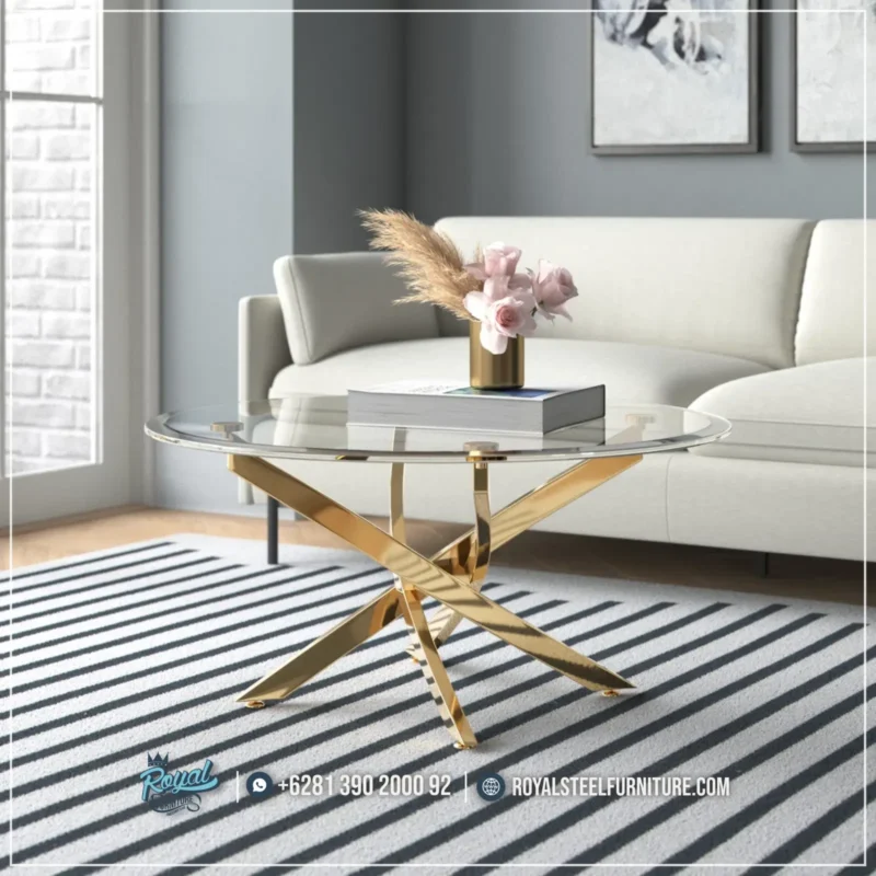 Model Meja Tamu Bundar Top Kaca Kaki Stainless Ayala