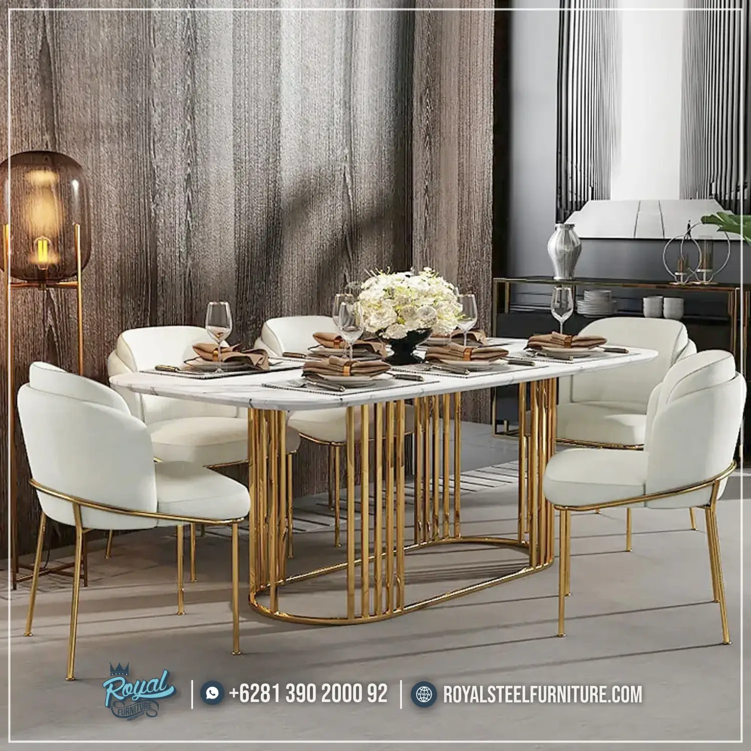 Meja Makan 6 Kursi Mewah Stainless Gold Meja Makan 6 Kursi Mewah Stainless Gold