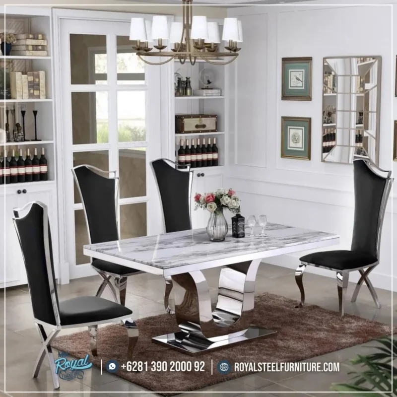 Meja Makan Marmer 6 Kursi Silver Stainless Steel