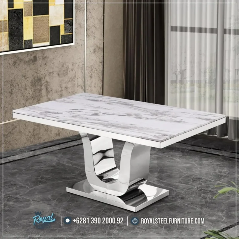 Meja Makan Marmer Kaki Stainless Silver Steel