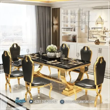Meja Makan Mewah Modern Stainless Top Granit Hitam