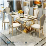 Meja Makan Mewah Modern Stainless Top Granit Putih
