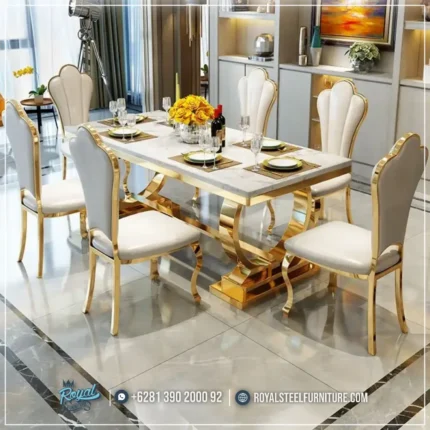 Meja Makan Mewah Modern Stainless Top Granit Putih