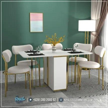Set Meja Makan Mewah 6 Kursi Stainless Gold