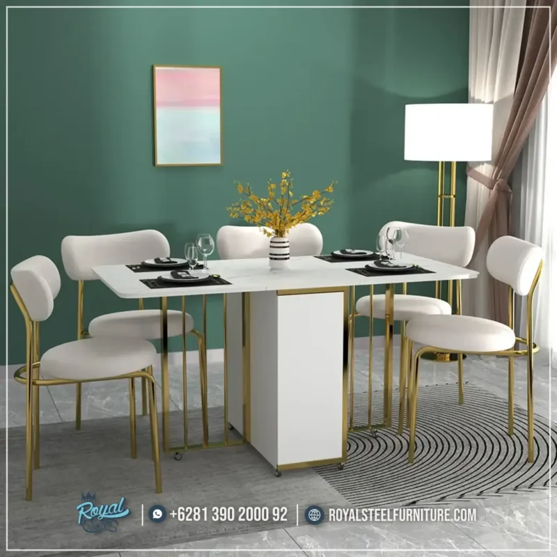 Set Meja Makan Mewah 6 Kursi Stainless Gold