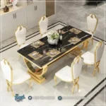 Set Meja Makan Mewah Modern Stainless Top Granit Hitam