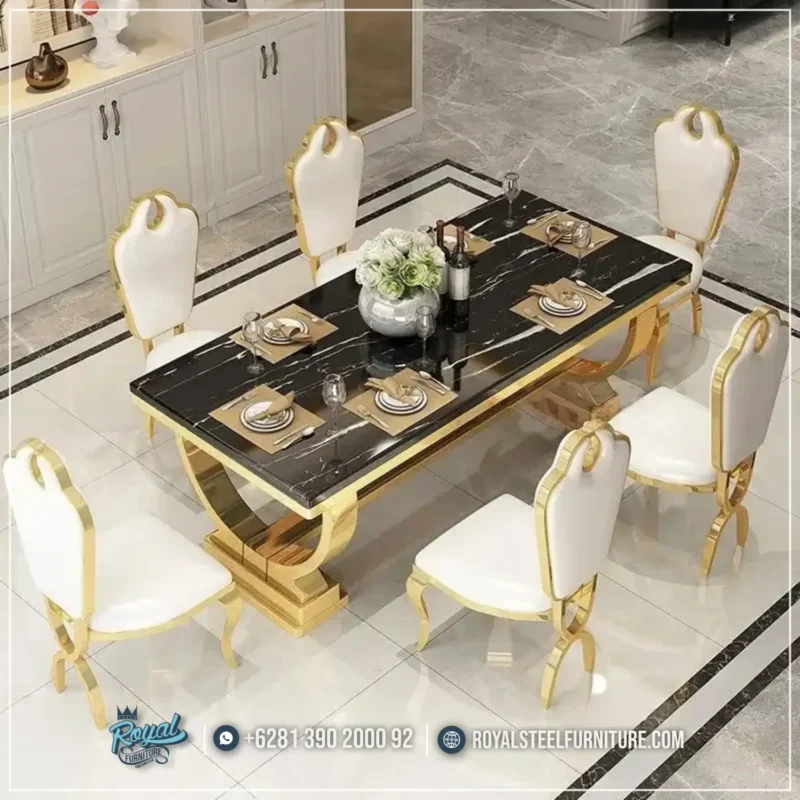 Set Meja Makan Mewah Modern Stainless Top Granit Hitam