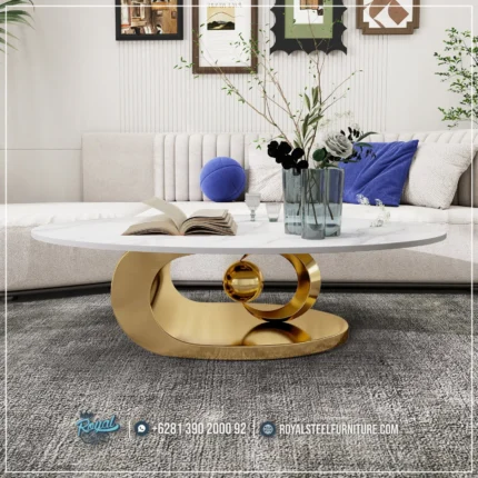 Meja Oval Coffee Table Modern Minimalis Stainless Gold Mewah