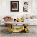 Meja Stainless Gold Marmer Oval Mewah Modern Ruang Tamu dan Dekorasi Rumah