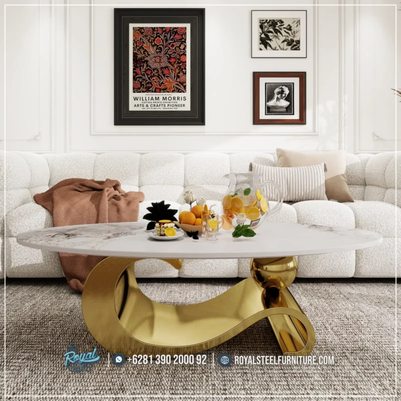 Meja Stainless Gold Marmer Oval Mewah Modern Ruang Tamu dan Dekorasi Rumah