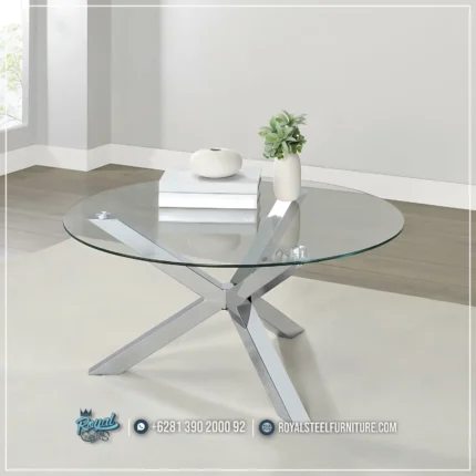 Meja Tamu Kaki Stainless Top Kaca Round Table