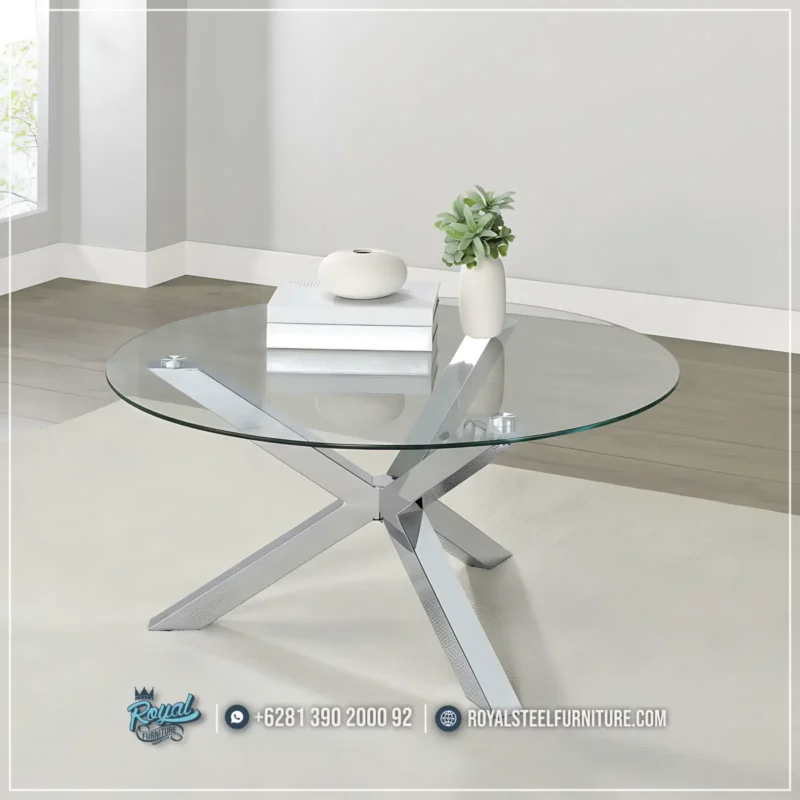 Meja Tamu Kaki Stainless Top Kaca Round Table