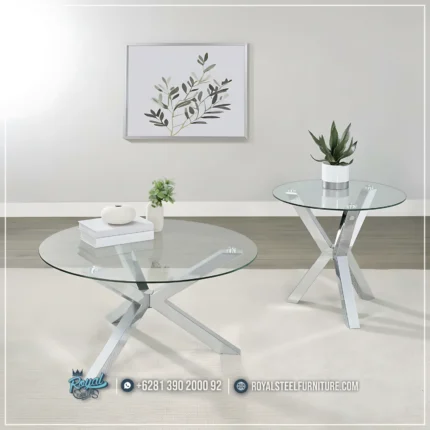 Set Meja Kaki Stainless Top Kaca Round Table