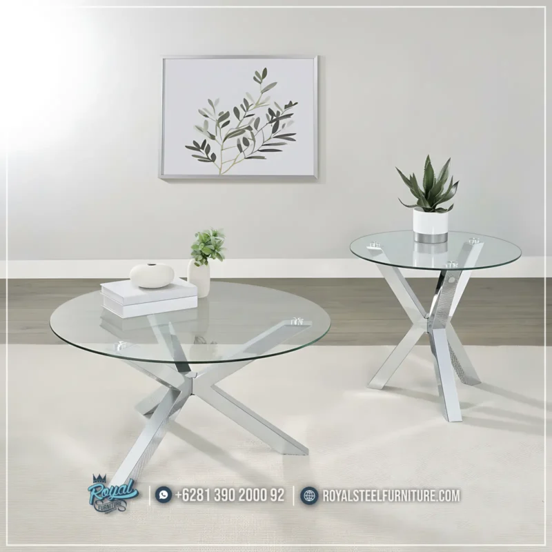 Set Meja Kaki Stainless Top Kaca Round Table