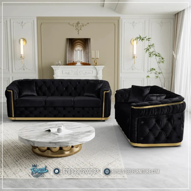 Chesterfield Sofa Ruang Tamu Velvet Gold Accent