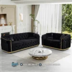 Chesterfield Sofa Set Ruang Tamu Velvet Gold Accent