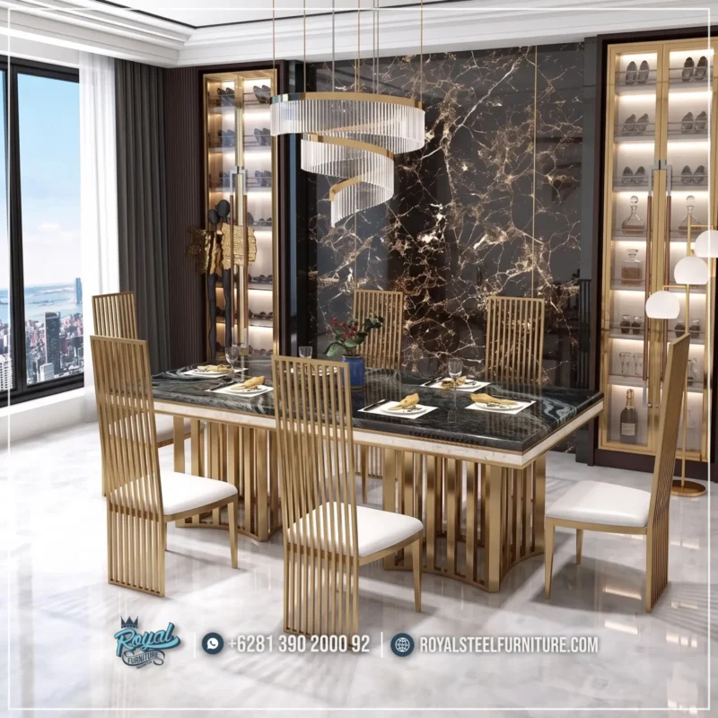 Furniture Set Meja Makan Marmer 6 Kursi Royal Steel Furniture