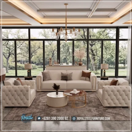 Luxury Syntetis Leather Chesterfield Sofa Tamu Stainless Jepara
