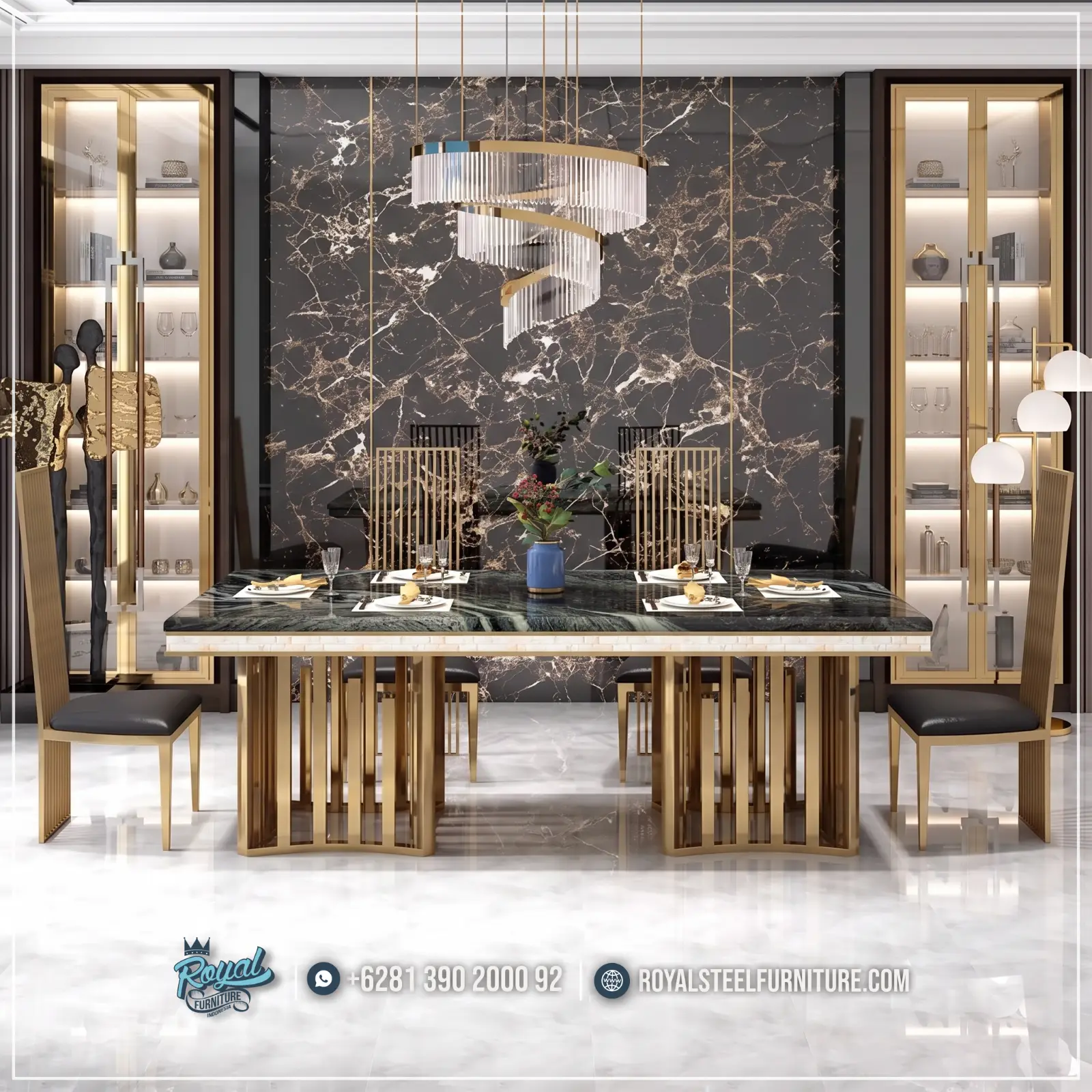 Set Meja Makan Marmer 6 Kursi Royal Steel Furniture Set Meja Makan Marmer 6 Kursi Royal Steel Furniture