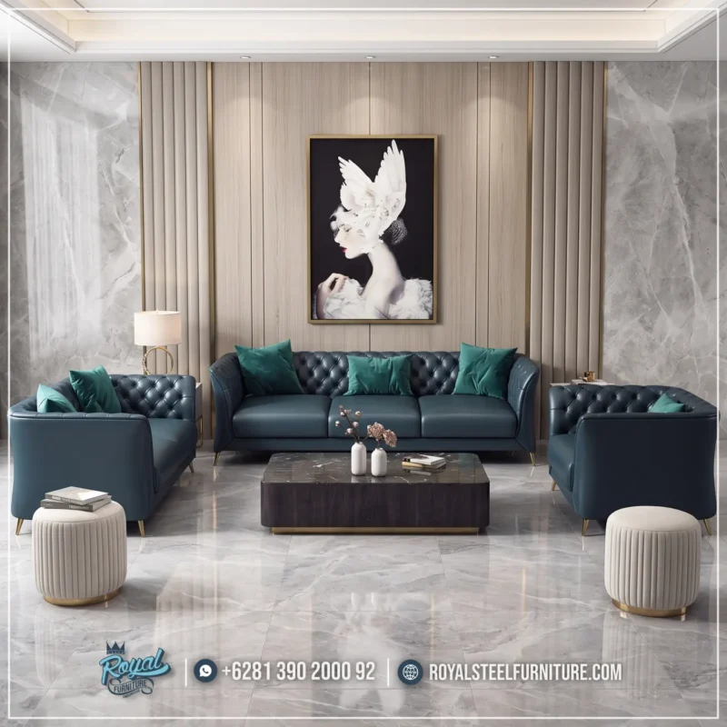 1 Set Sofa Kulit Chesterfield Mewah untuk Ruang Tamu Premium