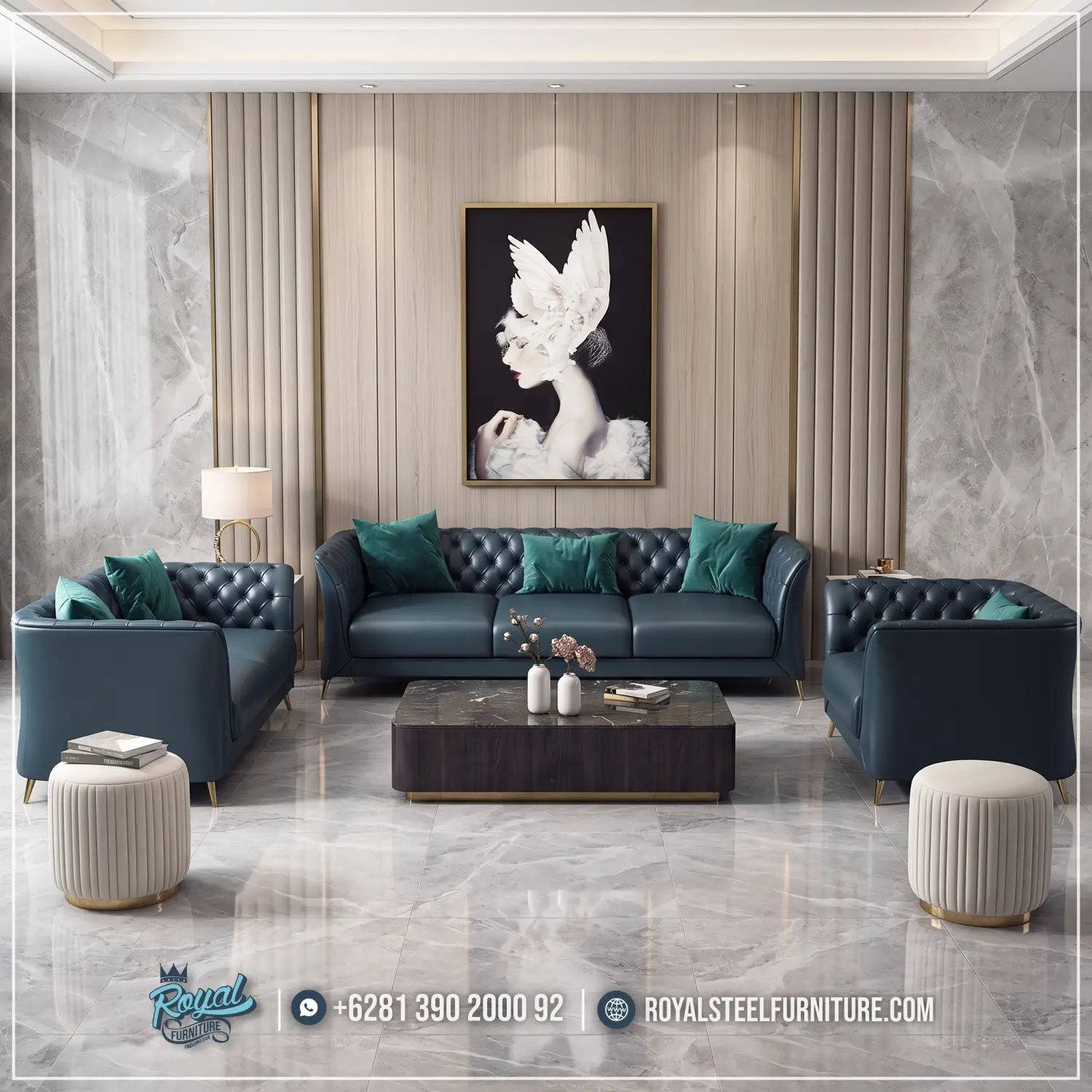 1 Set Sofa Kulit Chesterfield Mewah untuk Ruang Tamu Premium 1 Set Sofa Kulit Chesterfield Mewah untuk Ruang Tamu Premium