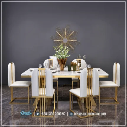 Best Seller Meja Stainless Gold Mewah Ruang Makan Sultan Kaki Stainless, Harga Meja Makan Mewah, Meja Makan Jepara Terbaru, Royal Furniture