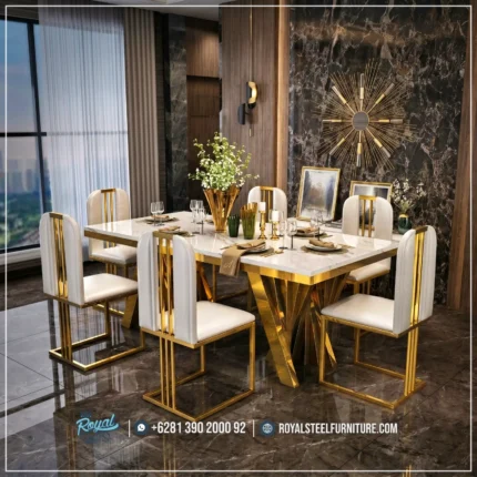 Best Seller Meja Stainless Gold Mewah Ruang Makan Sultan Kaki Stainless, Meja Makan Mewah Modern, Meja Makan Stainless Mewah