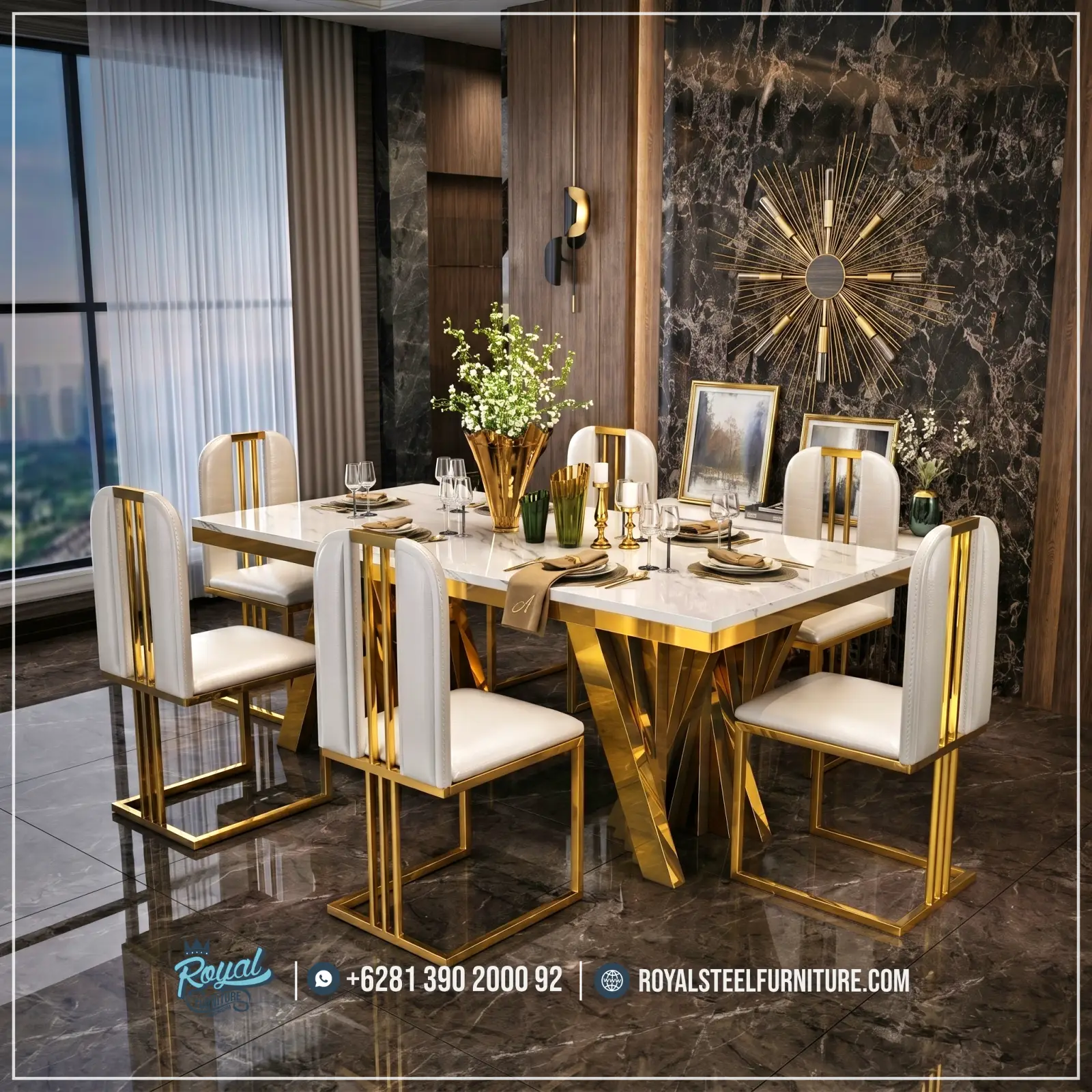 Best Seller Meja Stainless Gold Mewah Ruang Makan Sultan Kaki Stainless, Meja Makan Mewah Modern, Meja Makan Stainless Mewah Best Seller Meja Stainless Gold Mewah Ruang Makan Sultan Kaki Stainless, Meja Makan Mewah Modern, Meja Makan Stainless Mewah